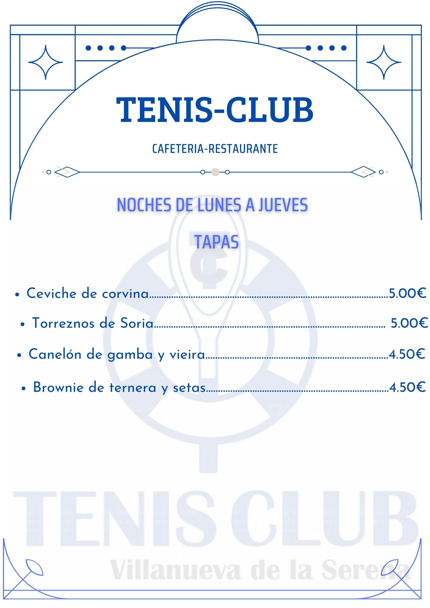 Carta de Cafetería-RESTAURANTE TENIS-CLUB en Villanueva de la serena, Badajoz — página 1